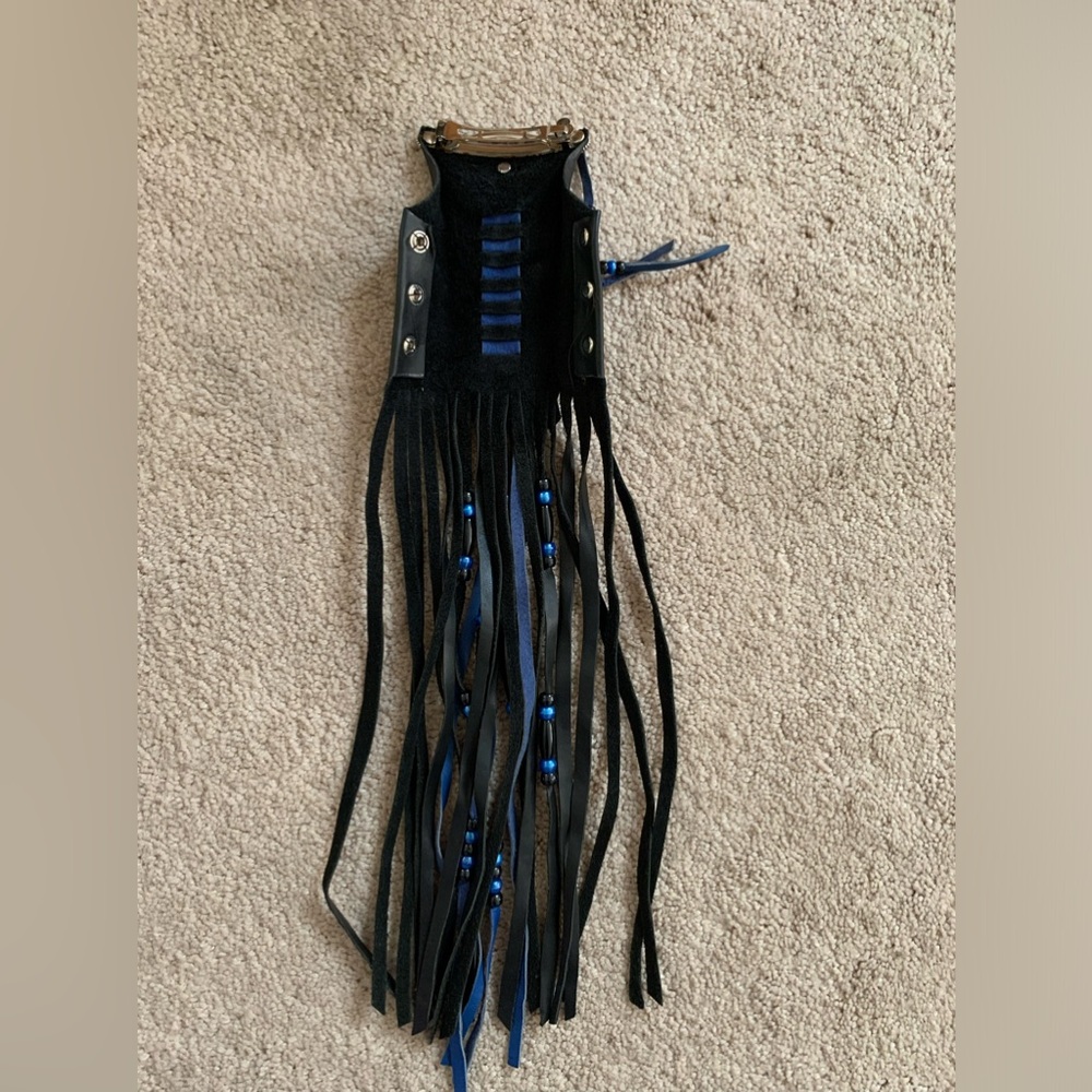 Leather hair wrap with blue and black tassels